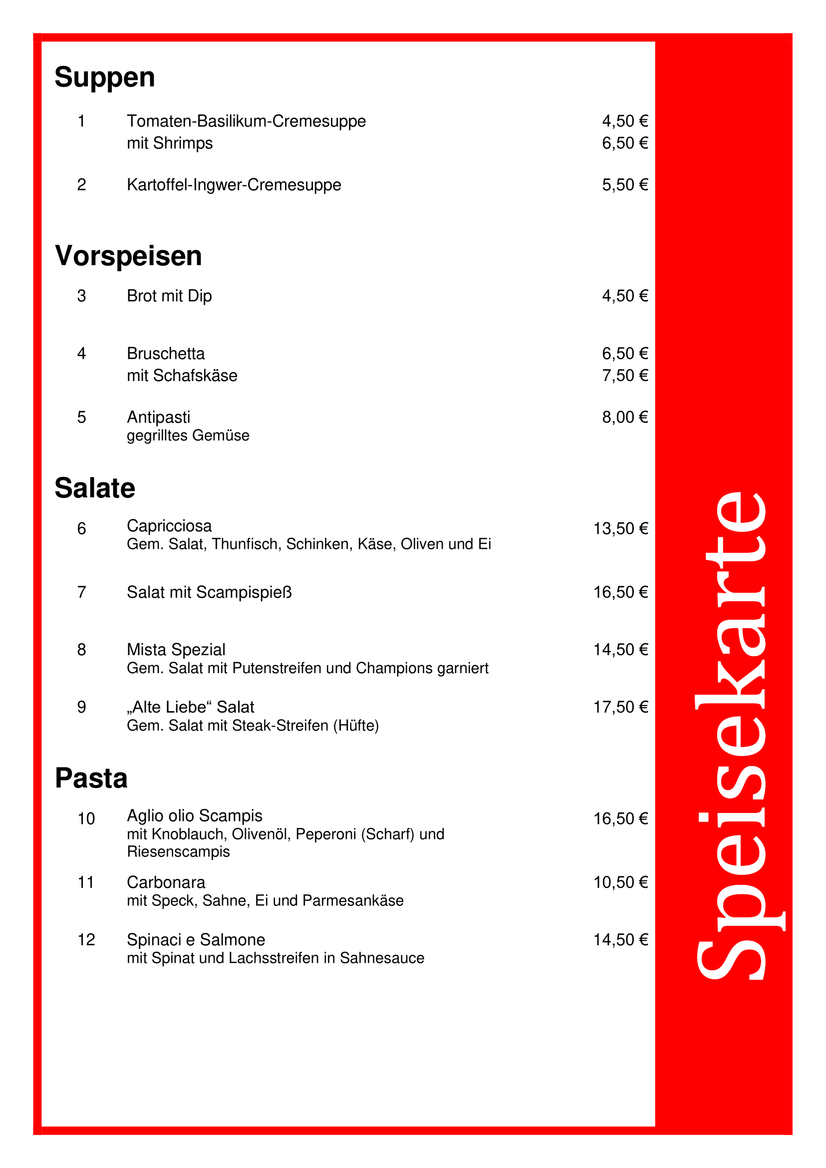 Speisekarte AlteLiebe