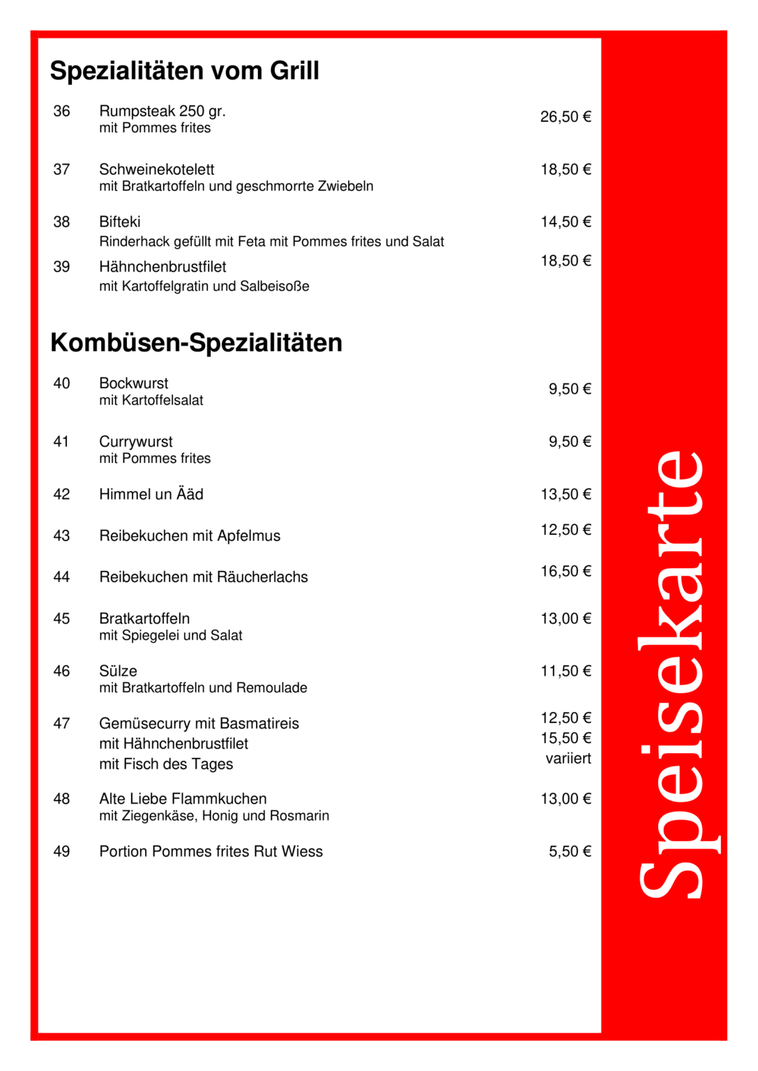 Speisekarte AlteLiebe